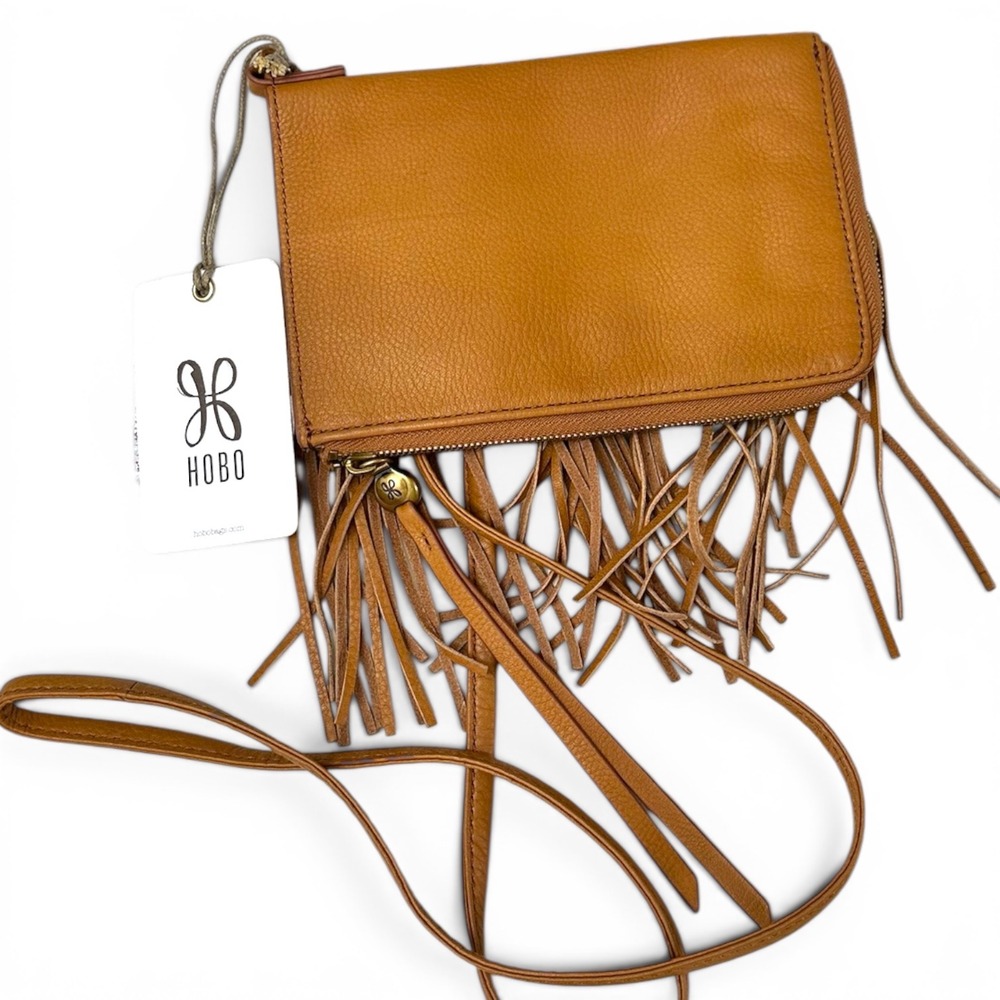 Hobo Moxie Crossbody Bag Whiskey Pebble Leather Fringe Phone Holder NWT - Picture 5 of 5